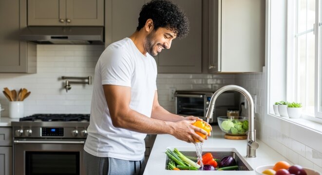 A man washing vegetables in a kitchen sink.