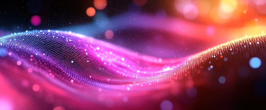 Abstract pink, purple, and orange wave with glowing particles and bokeh