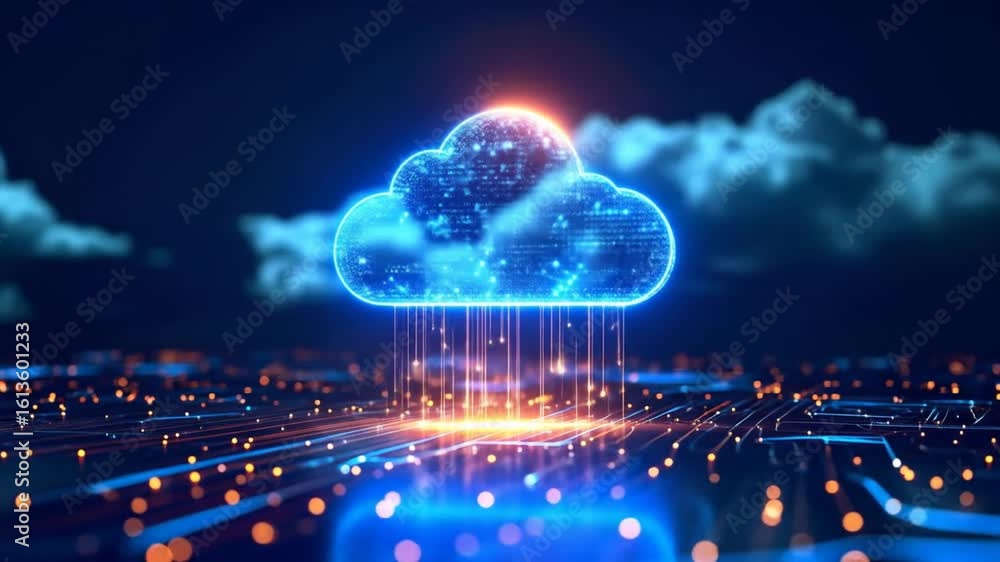 Poster digital cloud computing technology with glowing light trails on a dark blue abstract background futu
