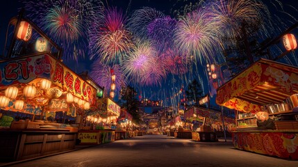 日本の夏祭り、屋台が並ぶ賑やかな夜市と花火
