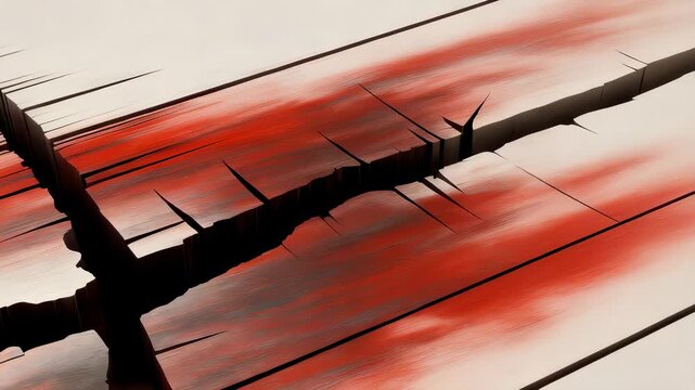 Deeply cracked red-stained wood with shifting splinters