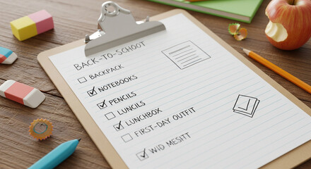 Back-to-school checklist with pencils, erasers, and apple, perfect for education themes