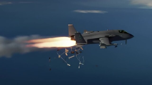 High-altitude drone intercepts another UAV with missile. Slow-motion 120fps fiery explosion in cloudy sky. 4K ultra HD aerial dogfight footage.