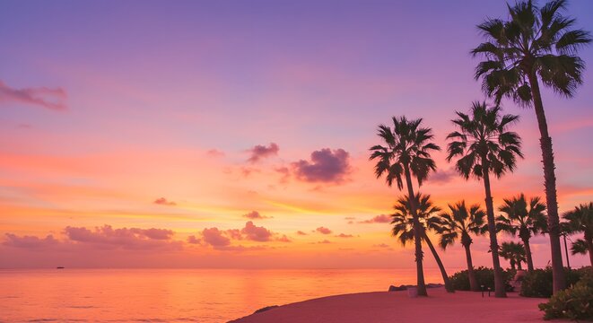 Tropical beach scene with palm trees silhouetted against a vibrant sunset sky over the ocean water