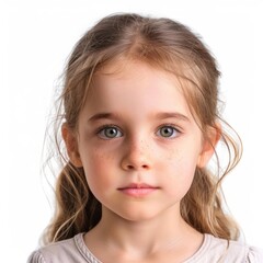 Adorable little girl with captivating green eyes and freckles, exuding a sense of confidence and innocence against a white background