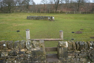 Eyam, The Peak District, England – January 21 2025: Stone wall and plague stone in winter field...