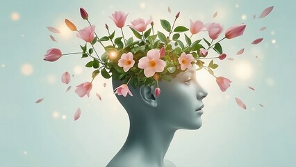 Flowers and blossoms blooming from the head, symbolizing positive thinking, mindfulness, and personal growth