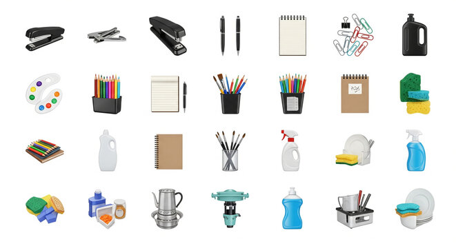 Assortment of office and cleaning supplies, creative tools, and kitchenware for various projects