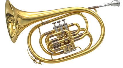 Obraz premium Golden brass French horn, angled view, polished finish. Detailed valves and bell visible