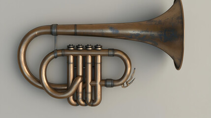 Antique brass cornet, top view, showing intricate valves and bell