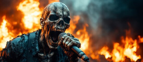 Dead man, skeleton monster, sings at hellish concert