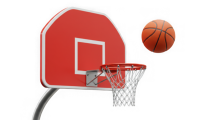 A red basketball backboard with a net and a ball in motion isolated on transparent background
