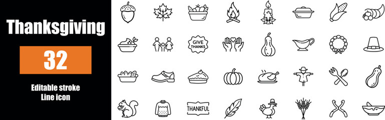 32 Festive thanksgiving dinner icon featuring a turkey and autumn elements isolated on transparent background