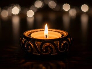 A close up of a single glowing candle in a decorative holder casting a warm inviting light on a dark background with blurry bokeh lights above.