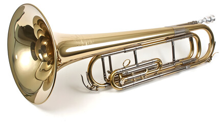 Obraz premium Polished brass double bass tuba. A long, shiny, brass instrument with valves and a large bell. Features a double slide system