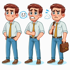 Fototapeta premium Cartoon depiction of three male figures in business attire, displaying different expressions of distress, frustration, and anxiety.