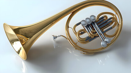 Golden French horn, angled view, polished brass.  Detailed close-up showcasing the instrument's valves and bell
