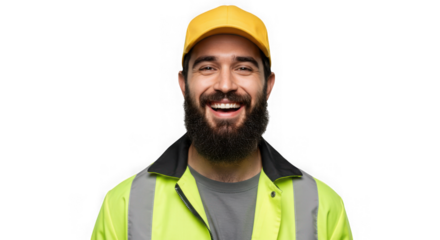 Happy construction worker wearing a yellow hard hat and safety vest isolated on transparent background