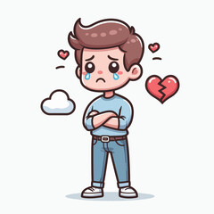Cartoon drawing of a boy with a sad expression, showing tears and a broken heart, conveying a feeling of heartbreak.