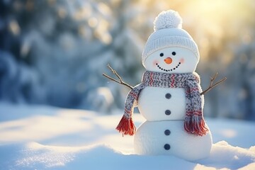 Snowman with carrot nose, stick arms, and coal buttons wearing winter clothing stands in snowy landscape