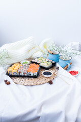 Sushi. Fast food. The concept of Japanese cuisine.