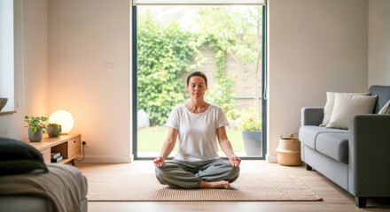 A woman meditating in a spacious, well-lit living room with a large window overlooking a garden.