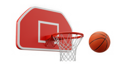 Red basketball hoop and orange ball isolated on transparent background for sports and recreation