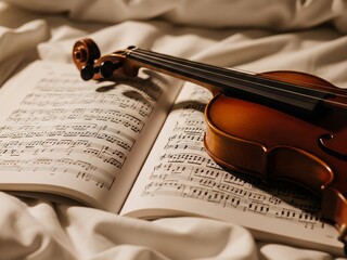Fototapeta premium An Elegant Violin Resting on Open Sheet Music Under Soft Light Creating a Serene Atmosphere for Musical Inspiration