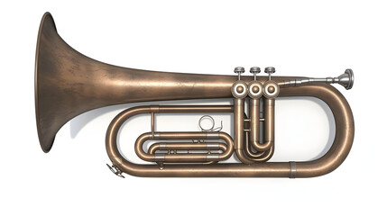 Obraz premium Antique brass cornet, showcasing a vintage design with a copper-like finish, and a long curved bell, valves, and a mouthpiece