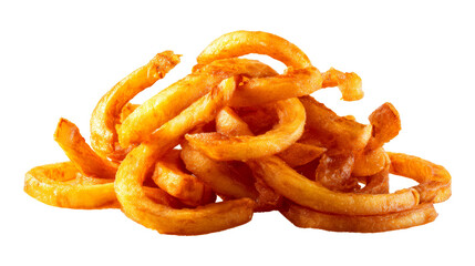 Curly fries stacked on a transparent background ready to eat