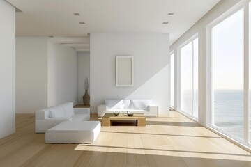 Sunlight illuminating minimalist white sofas and hardwood floor in modern living room overlooking ocean