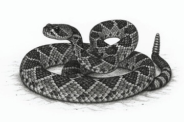 Obraz premium Intricate pencil drawing of a coiled rattlesnake, showcasing its distinctive scales and natural habitat