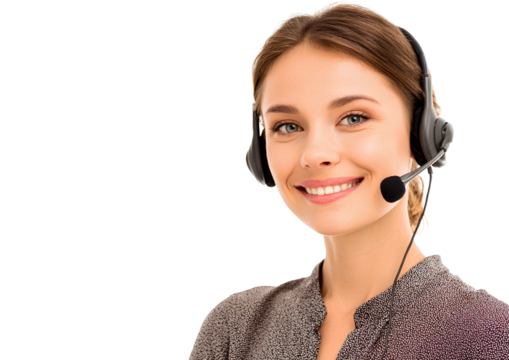  Smiling support agent woman with headset on white background