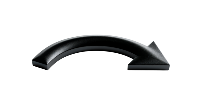 Black curved arrow shape with a three dimensional appearance
