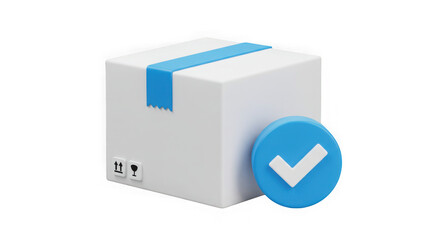3d rendered white cardboard box with blue tape and a green checkmark isolated on transparent background