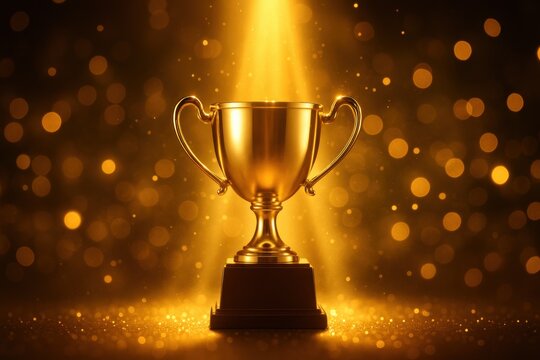 A dazzling golden trophy, brilliantly illuminated, symbolizes ultimate success, accomplishment, and the pinnacle of achievement, reflecting a victorious journey and recognition