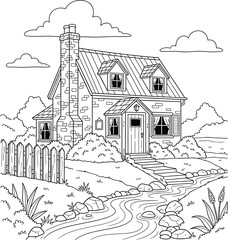 Charming stone cottage by a stream in the countryside, a black and white line art illustration for a coloring book.