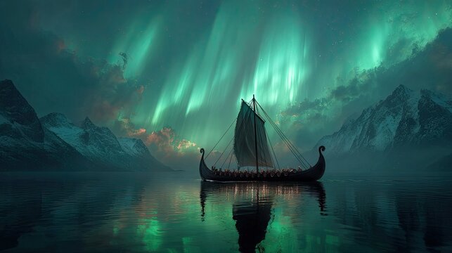 Viking longship on a tranquil lake under a vibrant aurora borealis