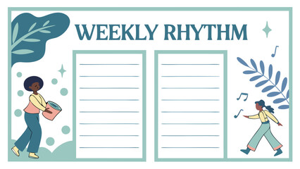 A visually appealing weekly rhythm planner featuring two people engaged in activities surrounded by decorative elements and musical notes perfect for organizing tasks and schedules