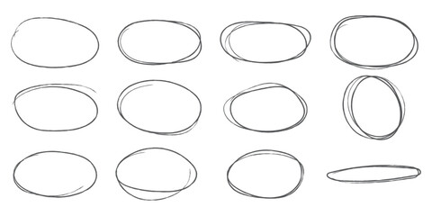 Handdrawn doodle circle highlights. Hand drawn scribble circles. Highlight circles set. Scribble ovals, circle and highlight text. Marker scratch scribble in rounder. Vector illustrator.