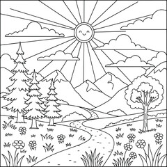 Cheerful landscape coloring page illustration of a smiling sun shining over mountains, a path, and a forest.