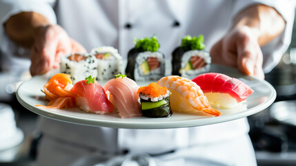 A Japanese chef is showing off a delicious-looking sushi set beautifully arranged on a plate.