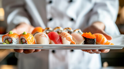 A Japanese chef is showing off a delicious-looking sushi set beautifully arranged on a plate.
