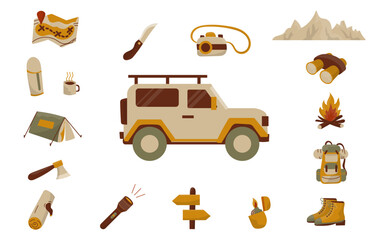 Camping equipment, maps, tent sites, off-road vehicles, axes