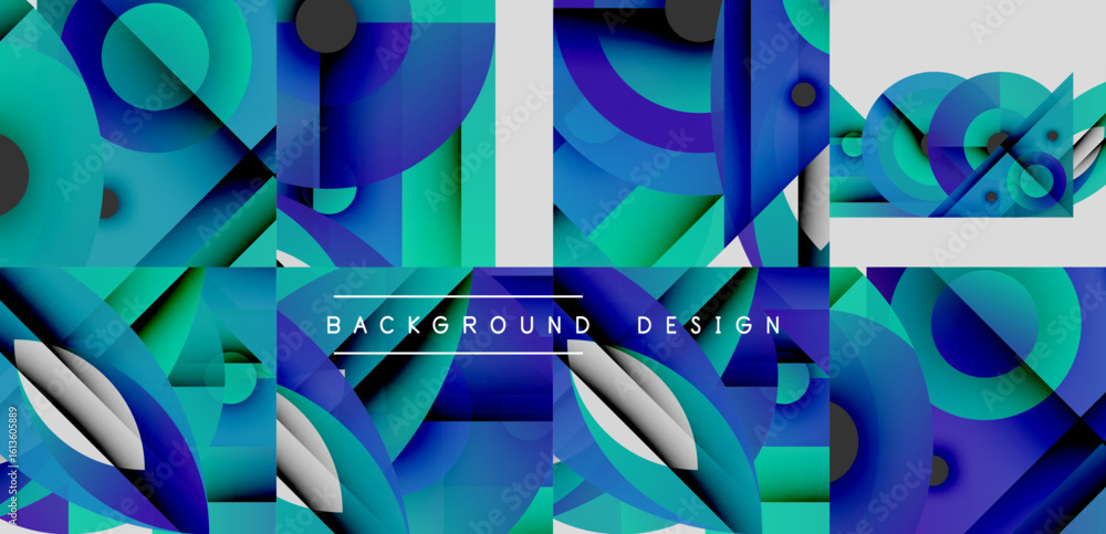 Poster abstract geometric shapes, vibrant blues, turquoise. modern design elements create dynamic visual te