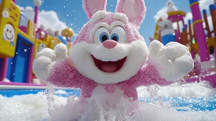 Playful pink bunny splashes in a pool, surrounded by vibrant playground structures under a sunny sky