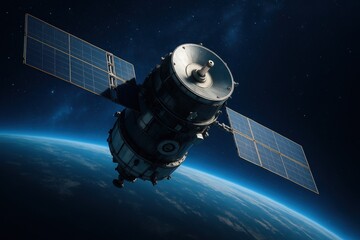 Fototapeta premium Advanced Satellite Technology Orbiting Earth, Delivering Global Connectivity and Scientific Discovery