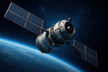 Modern communication satellite with large solar panels in orbit above the Earth, highlighting global network capabilities and space exploration advancements.