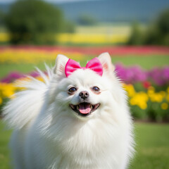 Cão de luxo: um feliz Spitz Alemão Anão sorrindo para a câmera em meio a flores coloridas na primavera.