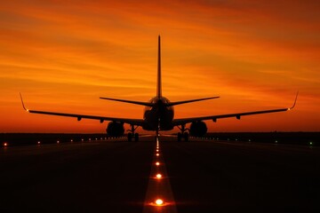 Silhouetted Airplane at Sunset on Runway A Majestic Evening Flight